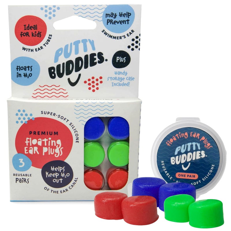 Putty Buddies Earvolution Floating Putty Buddies Swim Earplugs - Doctor-Invented, Made in USA, Moldable Premium Silicone Plugs Help Prevent Swimmer's Ear, 3 Pair Pack - Blue/Red/Green - Image 1
